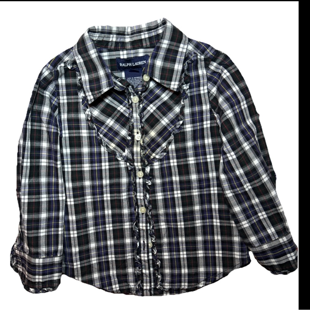 Girl's Ralph Lauren Blue, Green, White Plaid Button Down Shirt Size 2/2T Cotton